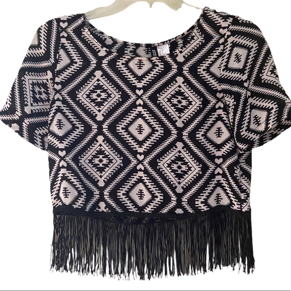 Black and White Pattern Crop Top w/ Fringe